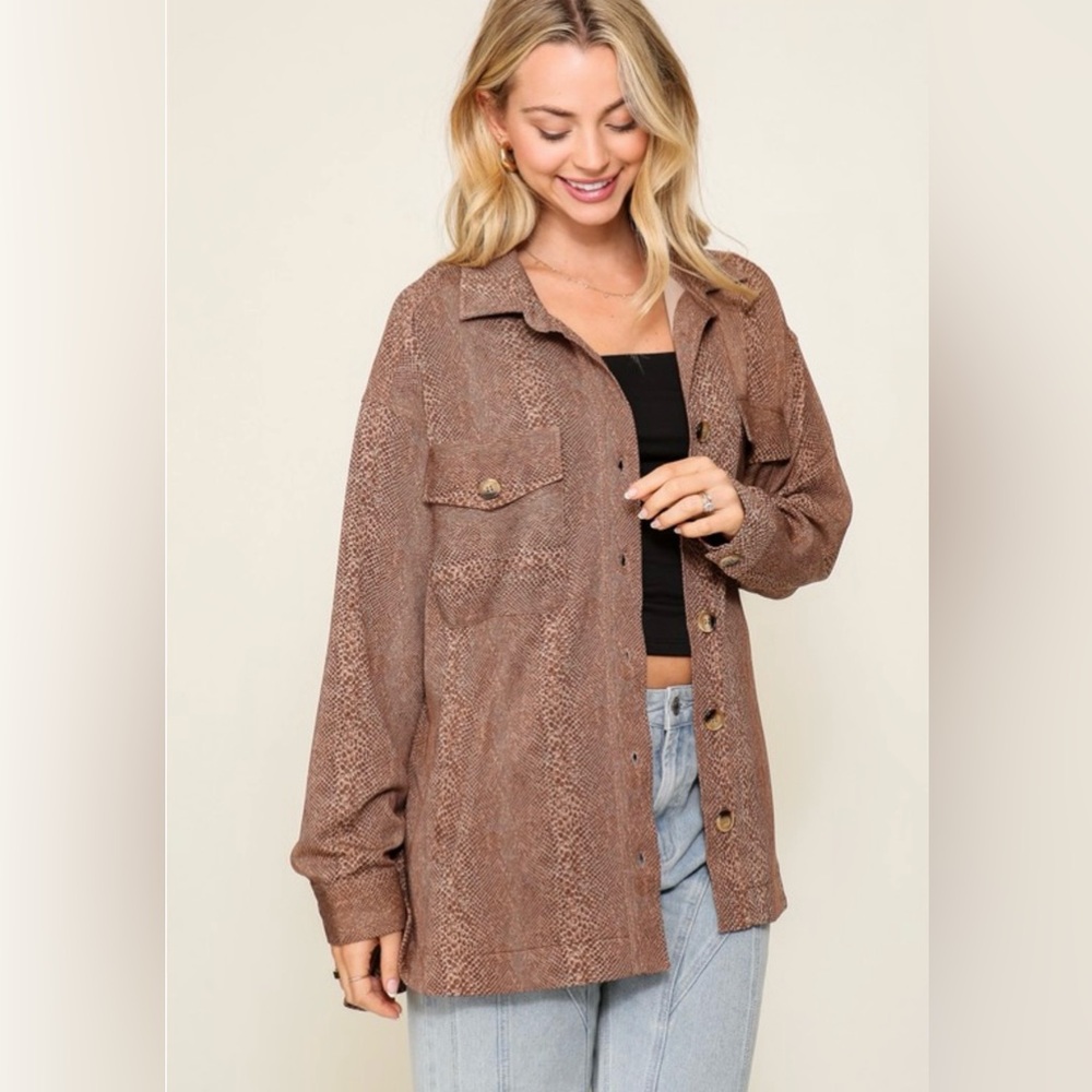 Womens Oversized Brown Button-Front Shacket Jacket - Picture 4 of 5